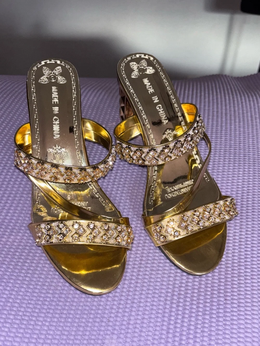 Gold Crystal Strappy Block Heels Perfect For Day & Night Looks Women’s Sandals